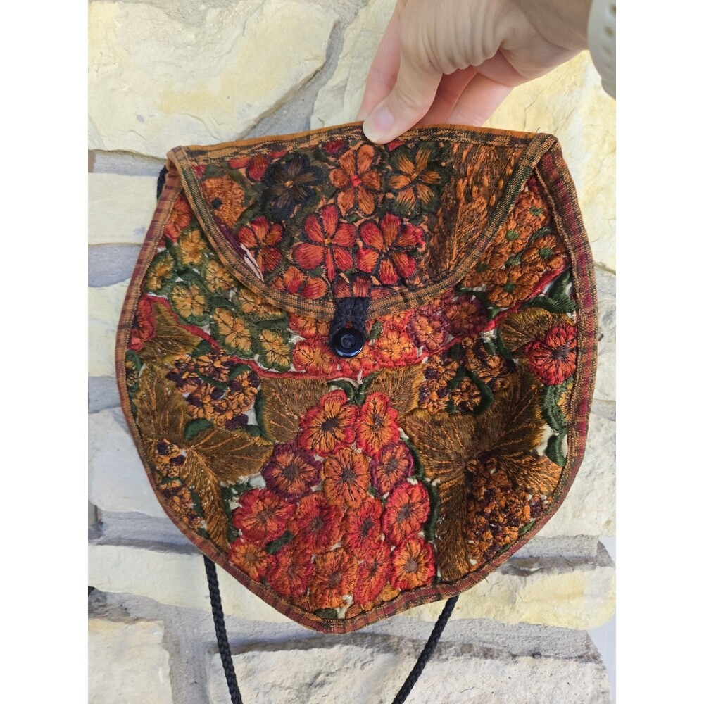 Brown Purse Cord Guatemala HandMade Huipil Crossbody Boho Floral Bag